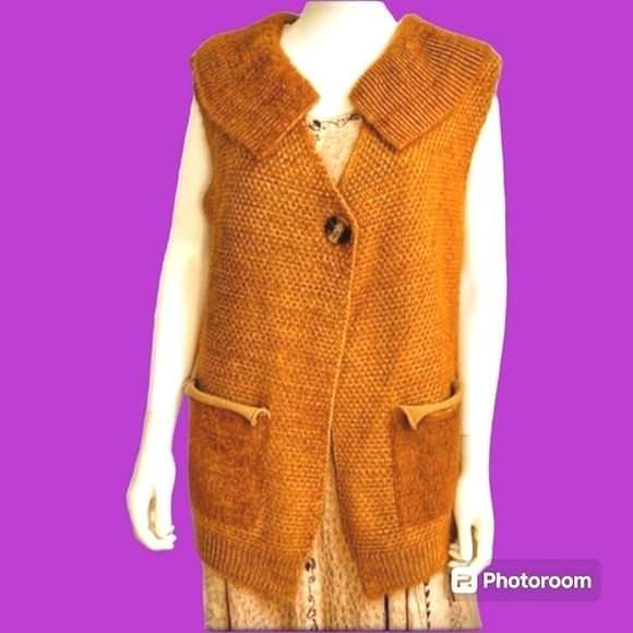 Vintage Sweaters - Vtg Camel Brown Shaggy Eyelash Knit One Button Sweater Waistcoat Vest